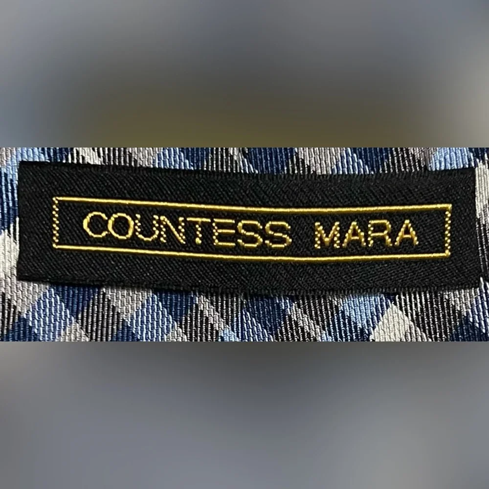 Countess Mara Vintage 100% silk handmade plaid neck tie Blue White Grey Black